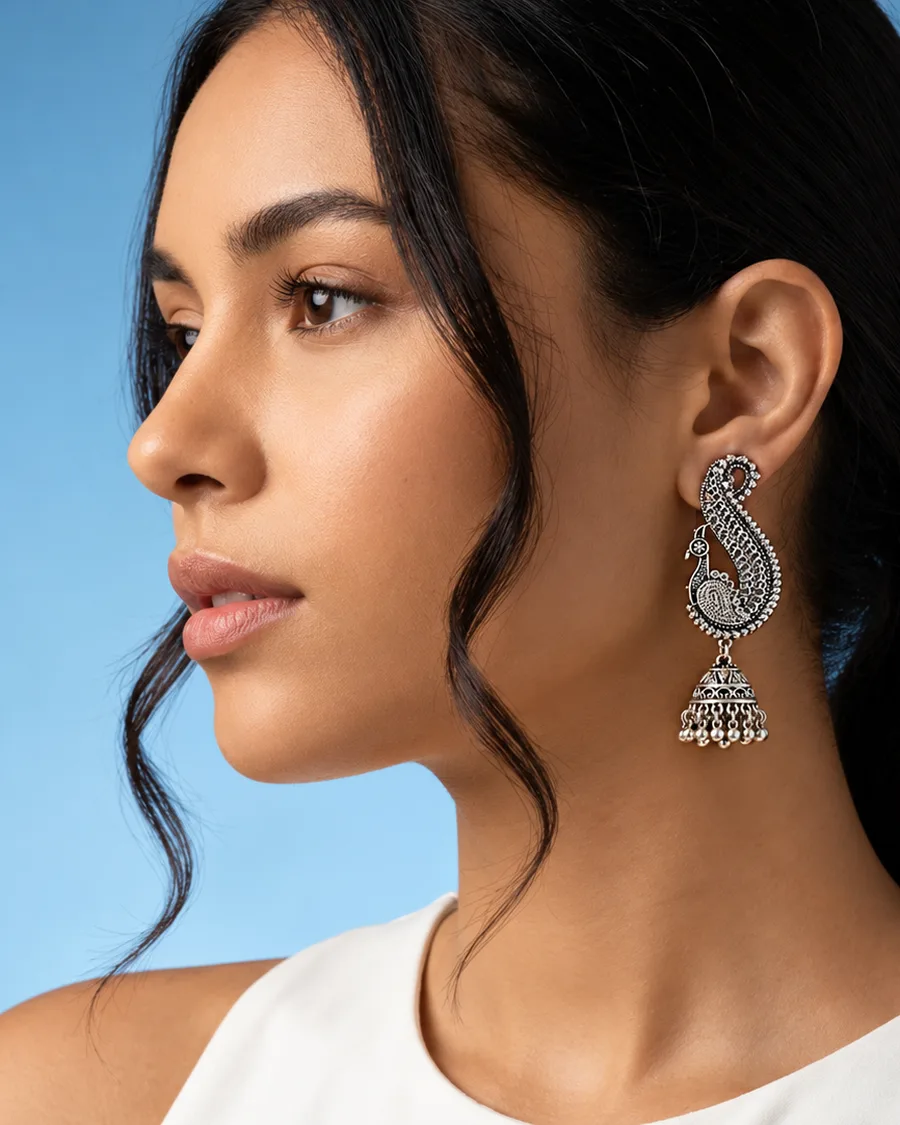 March 2027: Devika Peacock oxidised jhumka earrings look