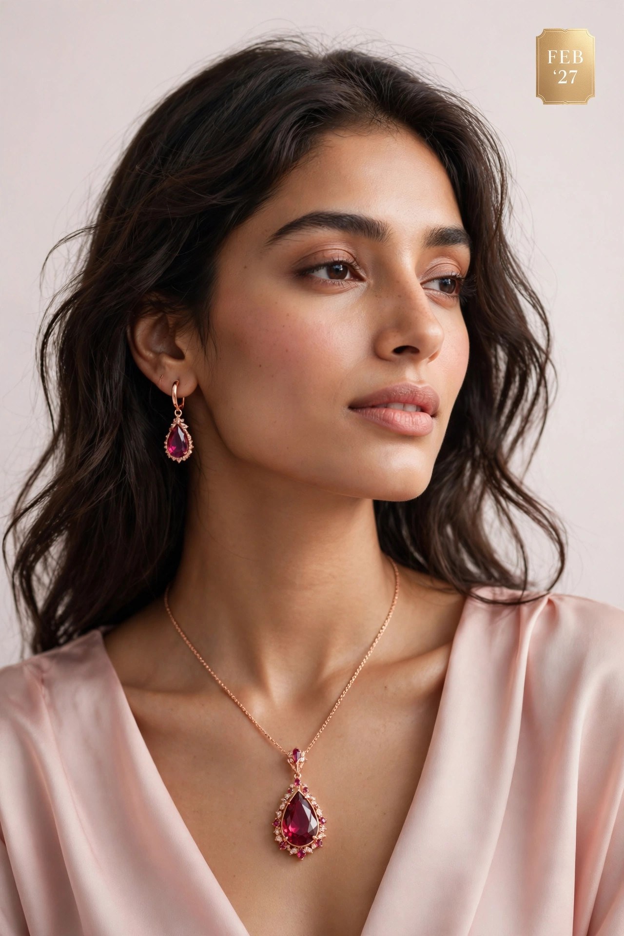The Swag World Calendar 2027 February Spread - Model adorned with ruby teardrop pendant necklace and drop earrings on blush silk