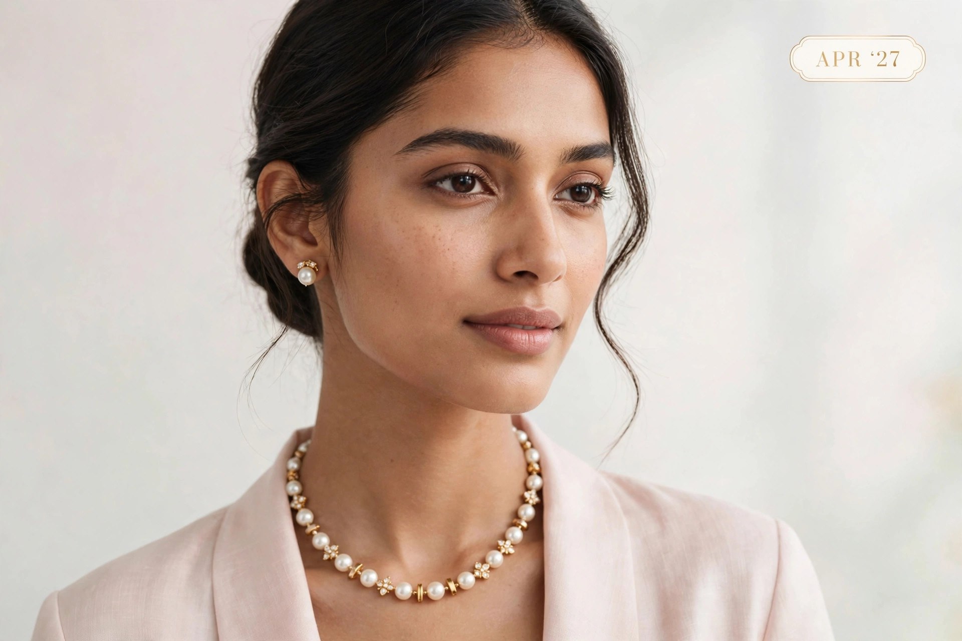 The Swag World Calendar 2027 April Spread - Model wearing pearl and gold floral collar necklace with matching pearl earrings