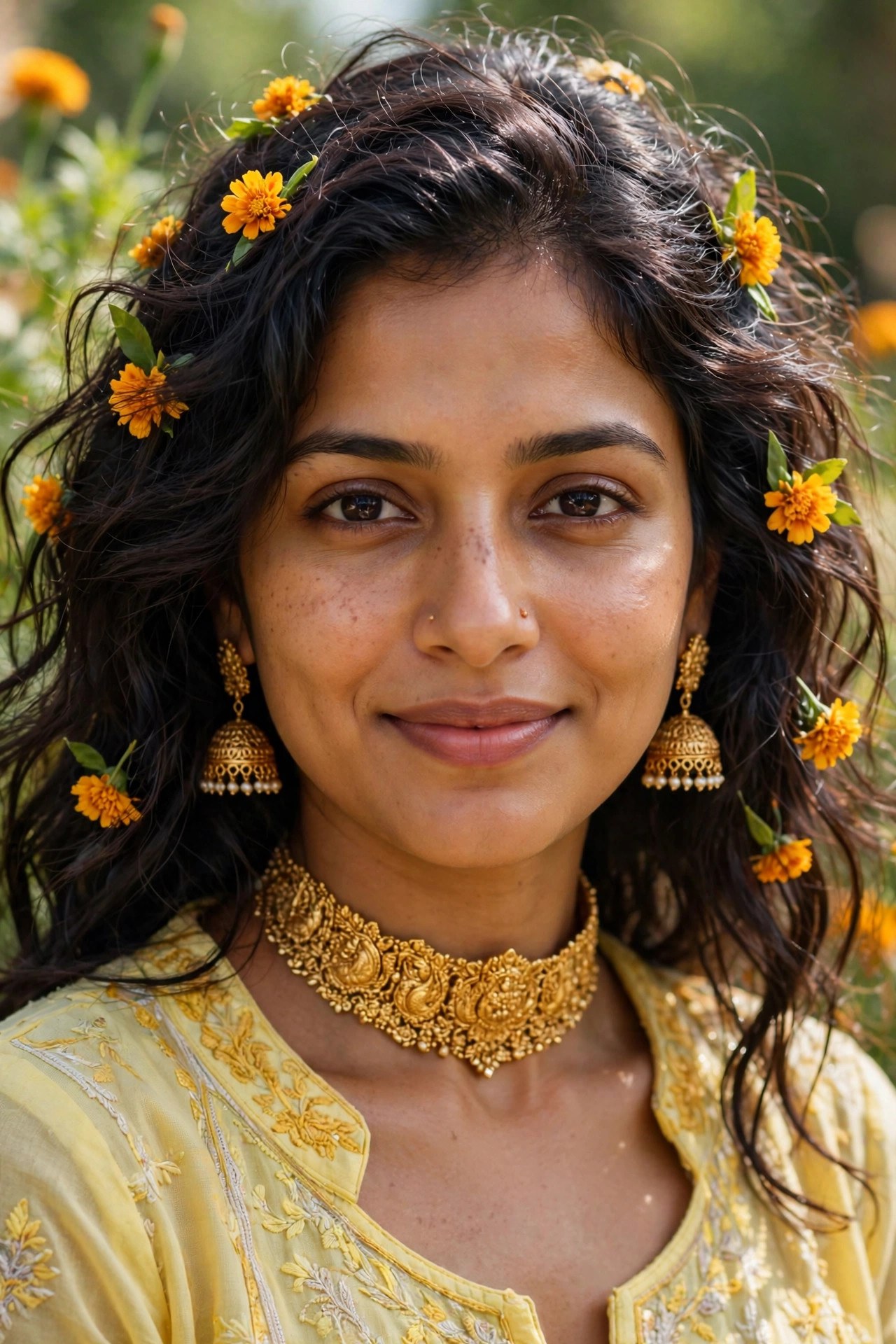 The Swag World Calendar 2027 May Spread - Model wearing carved gold choker necklace and jhumkas amidst blooming marigolds