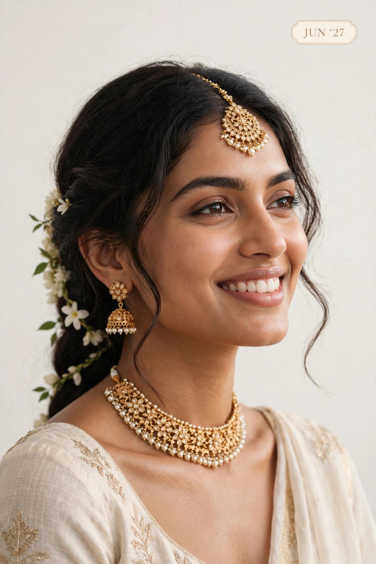 The Swag World Calendar 2027 June Spread - Model wearing bridal kundan pearl choker necklace, maang tikka and jhumkas