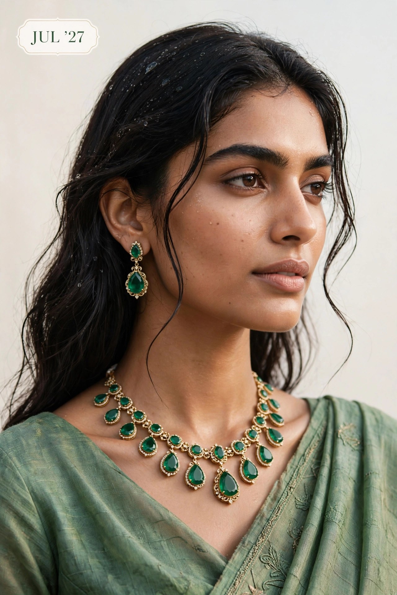 The Swag World Calendar 2027 July Spread - Model wearing emerald teardrop collar necklace and earrings in fresh monsoon drizzle