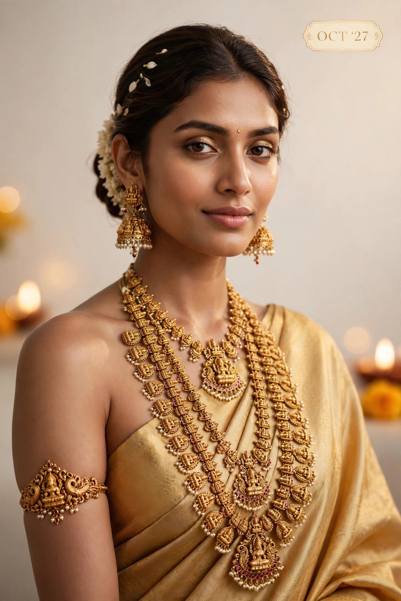 The Swag World Calendar 2027 October Spread - Model in golden silk saree adorned with temple jewellery haar, jhumkas and bajuband