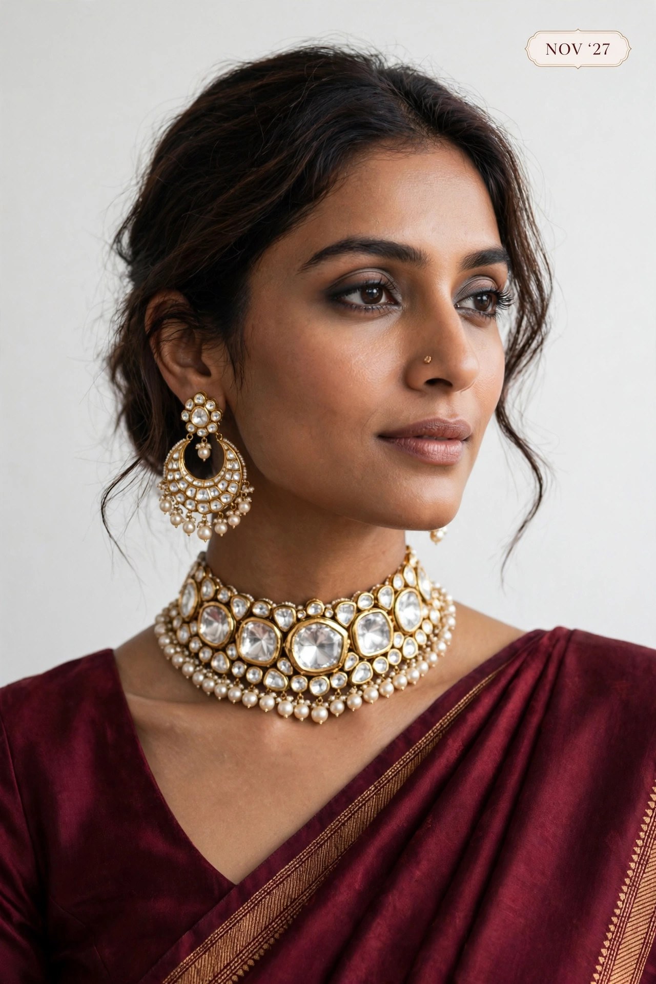 The Swag World Calendar 2027 November Spread - Model in rich maroon silk wearing grand polki pearl choker and crescent chandbalis