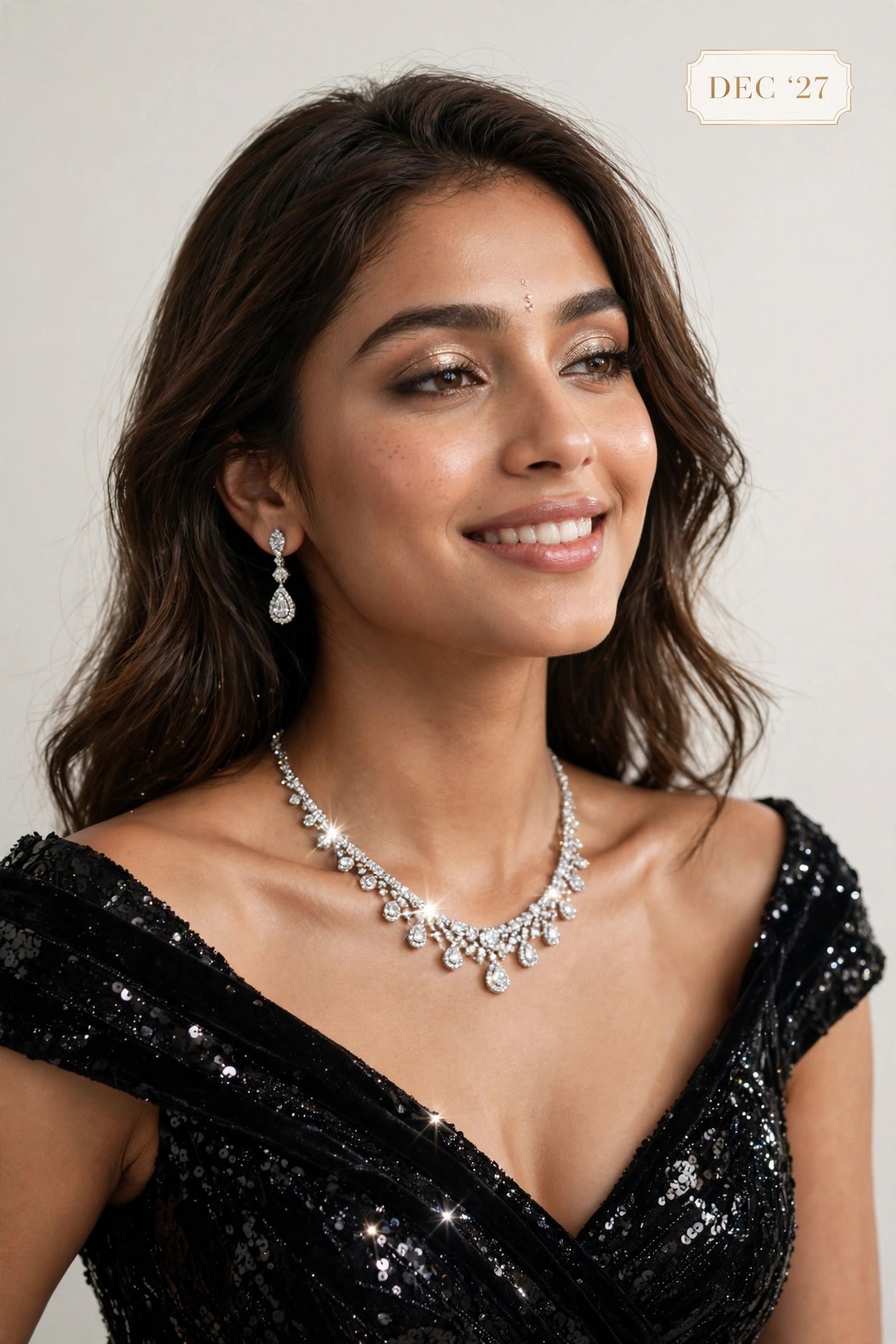 The Swag World Calendar 2027 December Spread - Model in sparkling diamond necklace and drop earrings on black sequin gown