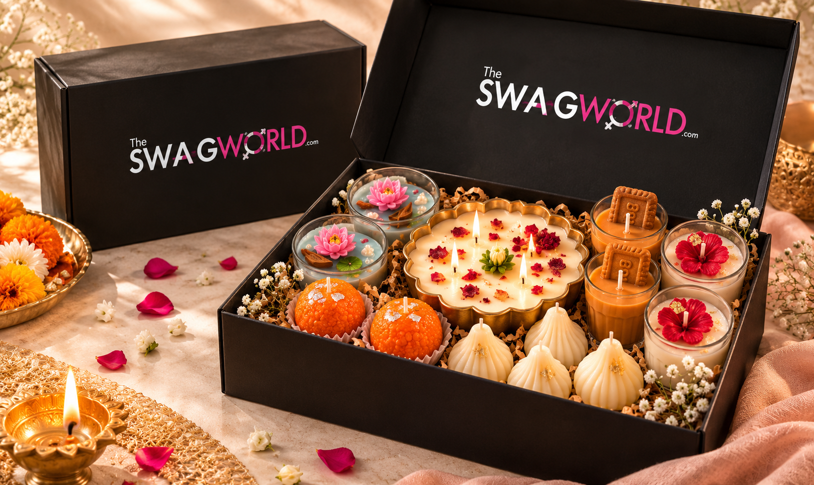 The Swag World signature keepsake jewellery box with curated necklace, bracelet, earrings and ring