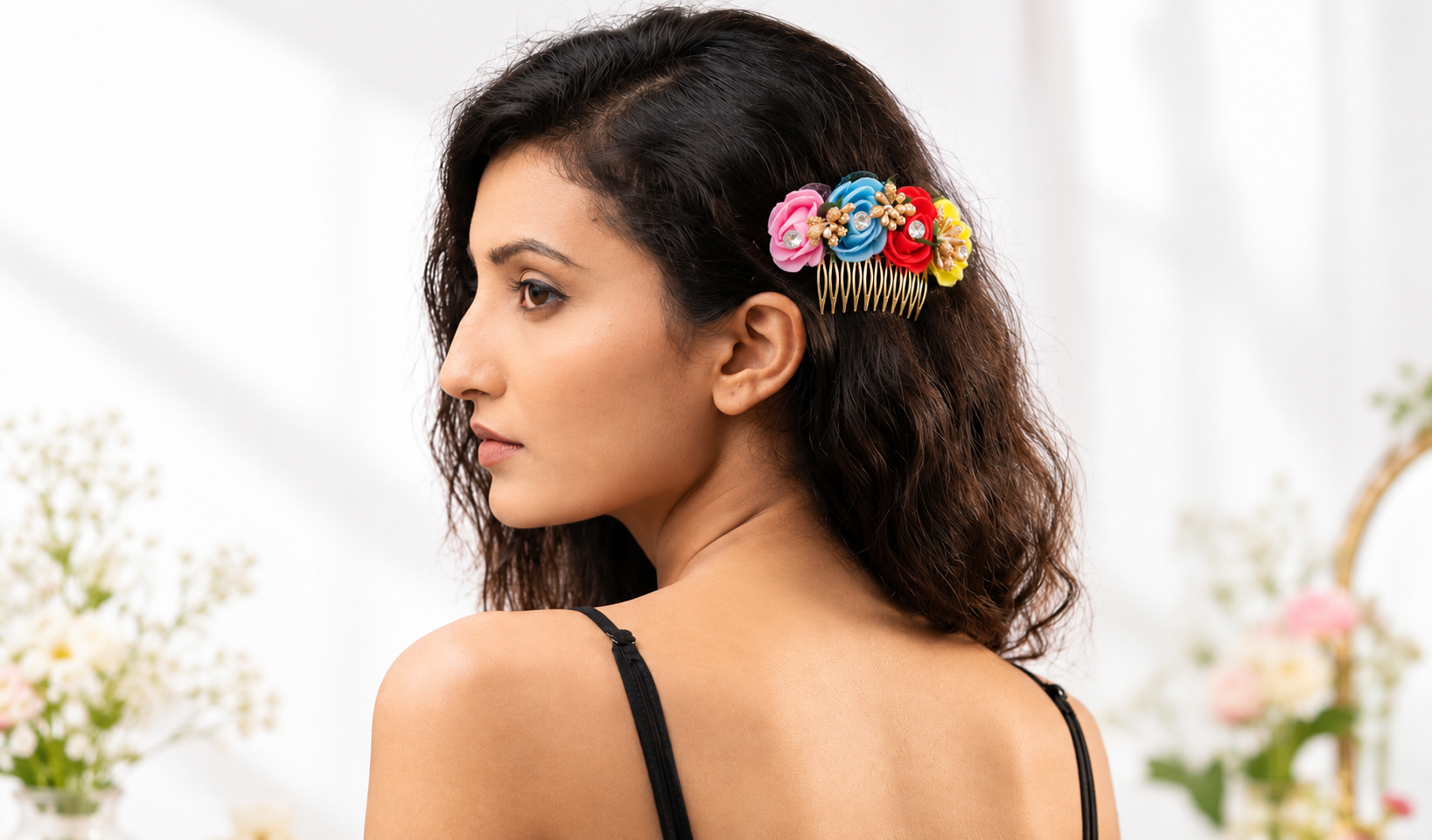 Model showcasing handcrafted colorful floral hair comb accessory - The Swag World