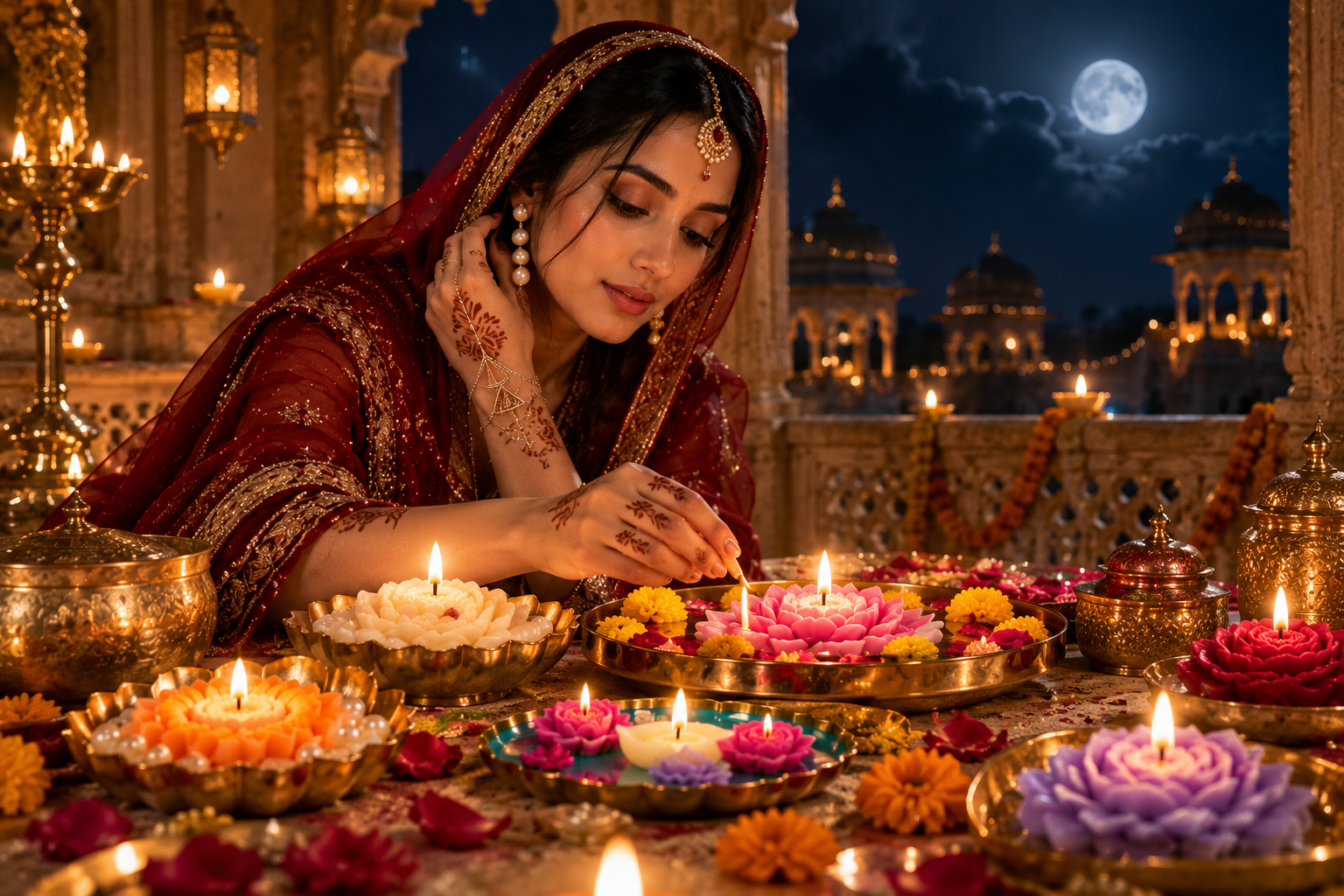 The Swag World - Festive Candle Collection with glowing lotus candles on a moonlit Rajasthani terrace