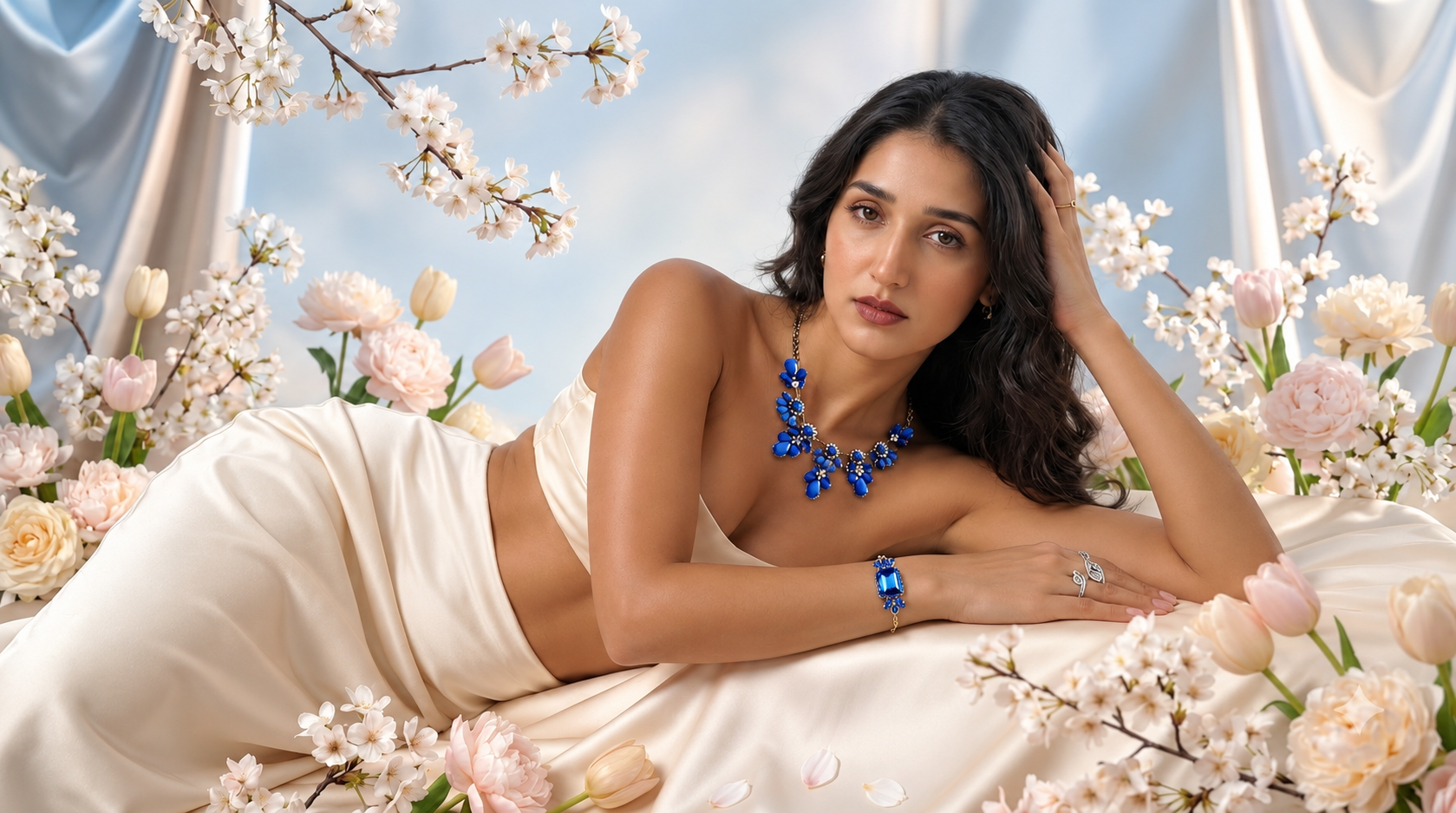 The Swag World - Model wearing Candy Navy Blue Gemstone Jewellery surrounded by floral blossoms