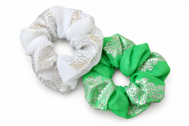 Scrunchies – Green And White – Set of 2