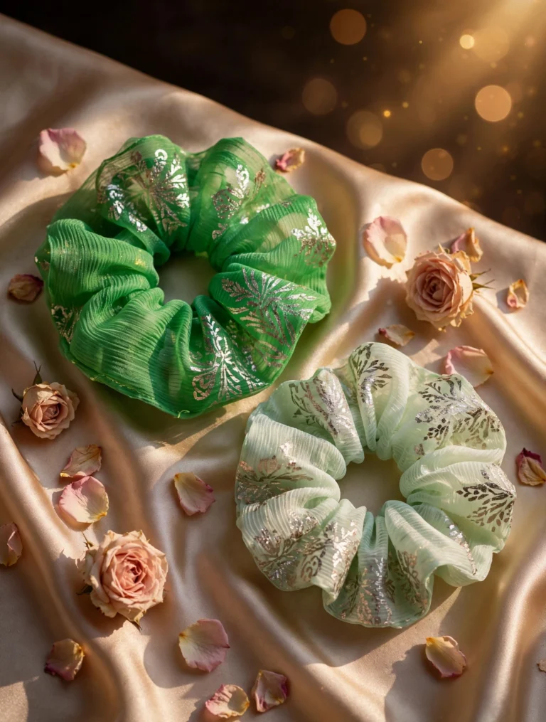 Scrunchies – Green And White – Set of 2