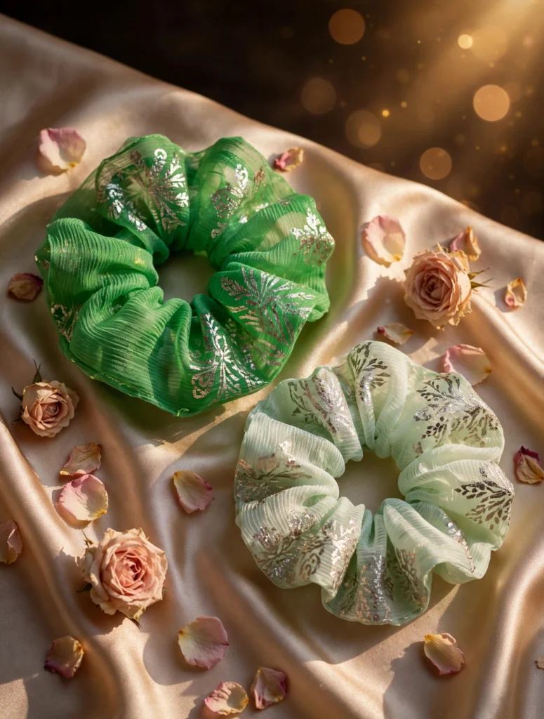 Scrunchies – Green And White – Set of 2